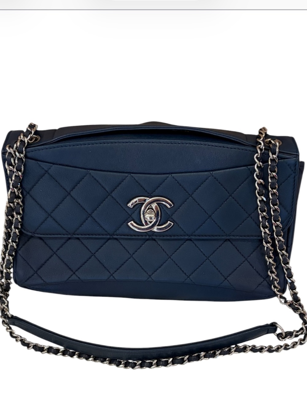 Chanel East West Flap Bag Navy Blue Lambskin Leather Silver CC Chain Bag